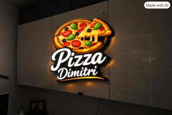 Beleuchtetes Gastronomielogo mit Pizza Motiv
